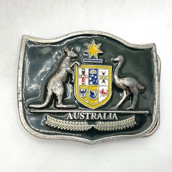 AUSTRALIA Belt Buckle,  Blue Enamal on Silvertone Metal Coat-of-Arms - Picture 1 of 2